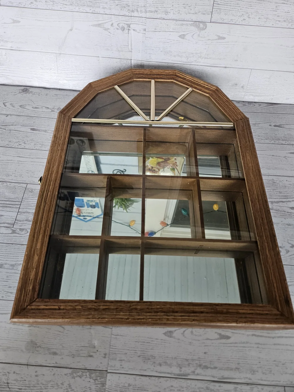 Vintage Oak Wall Curio Cabinet Mirrored Arched Display Case Shadow Box 24